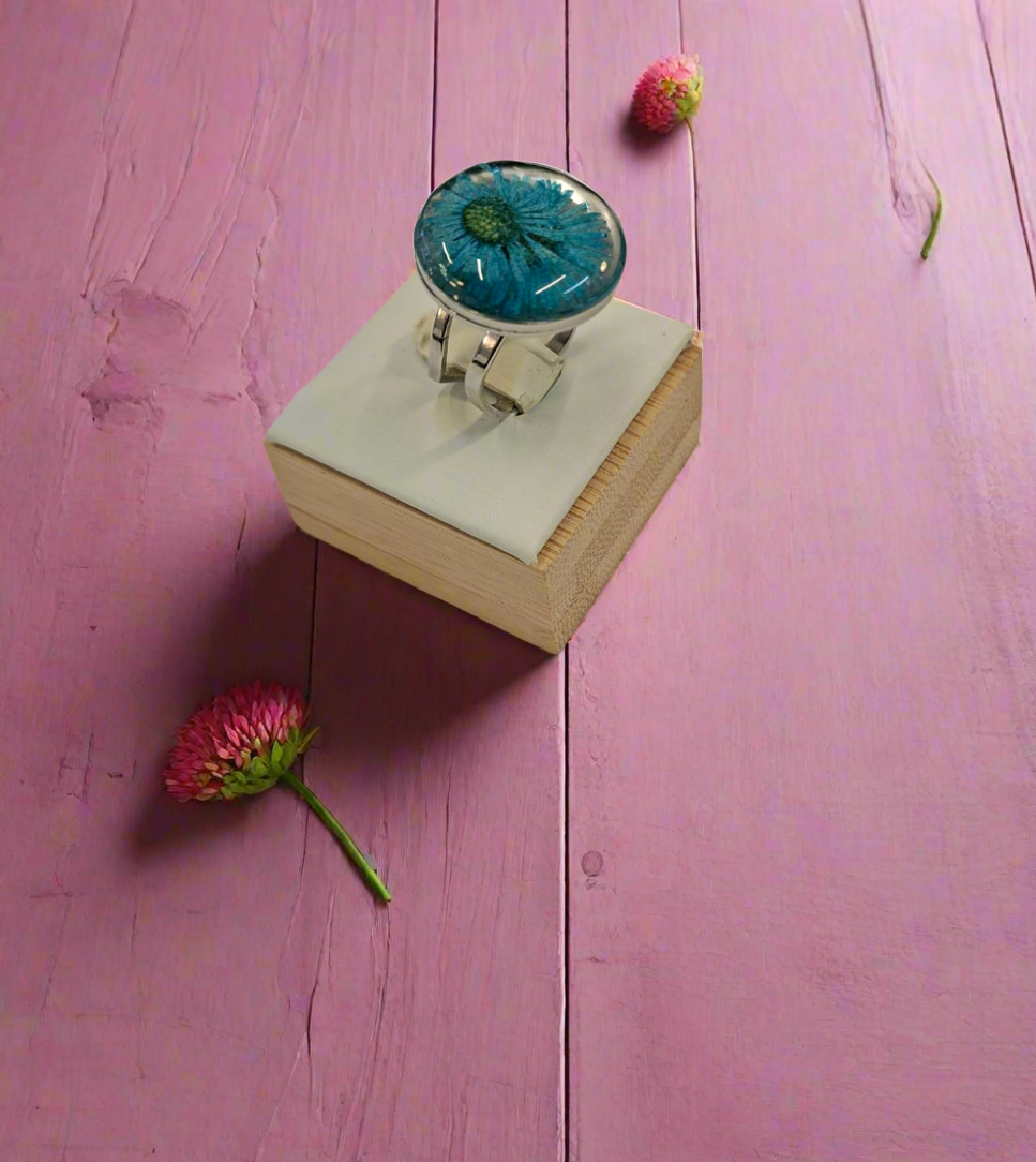 Teal blue Flower ring