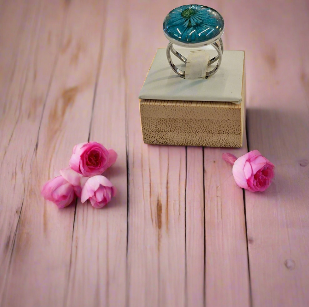 Teal blue Flower ring