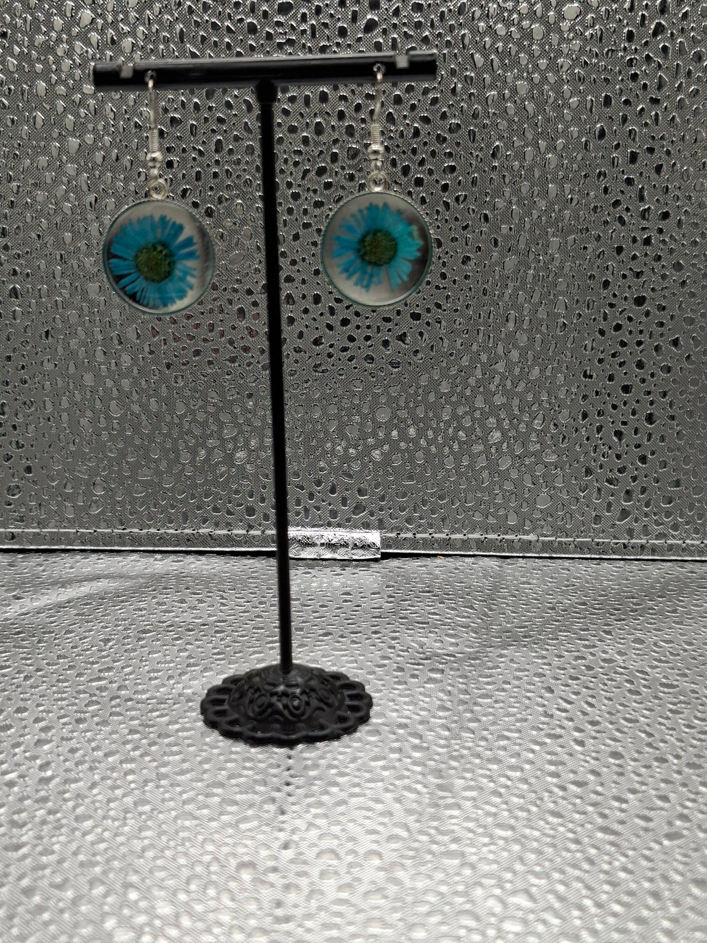 Real Flower Earrings Teal Colour