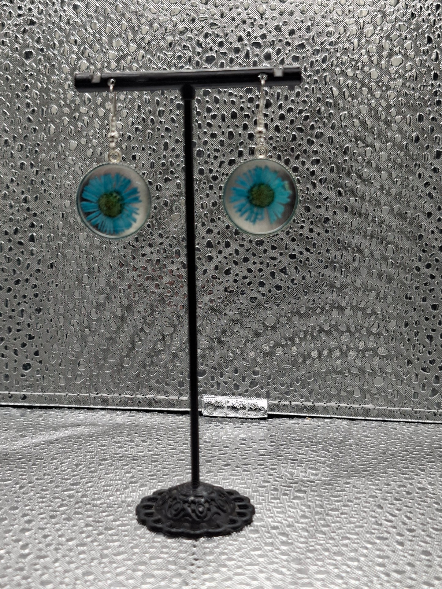 Real Flower Earrings Teal Colour