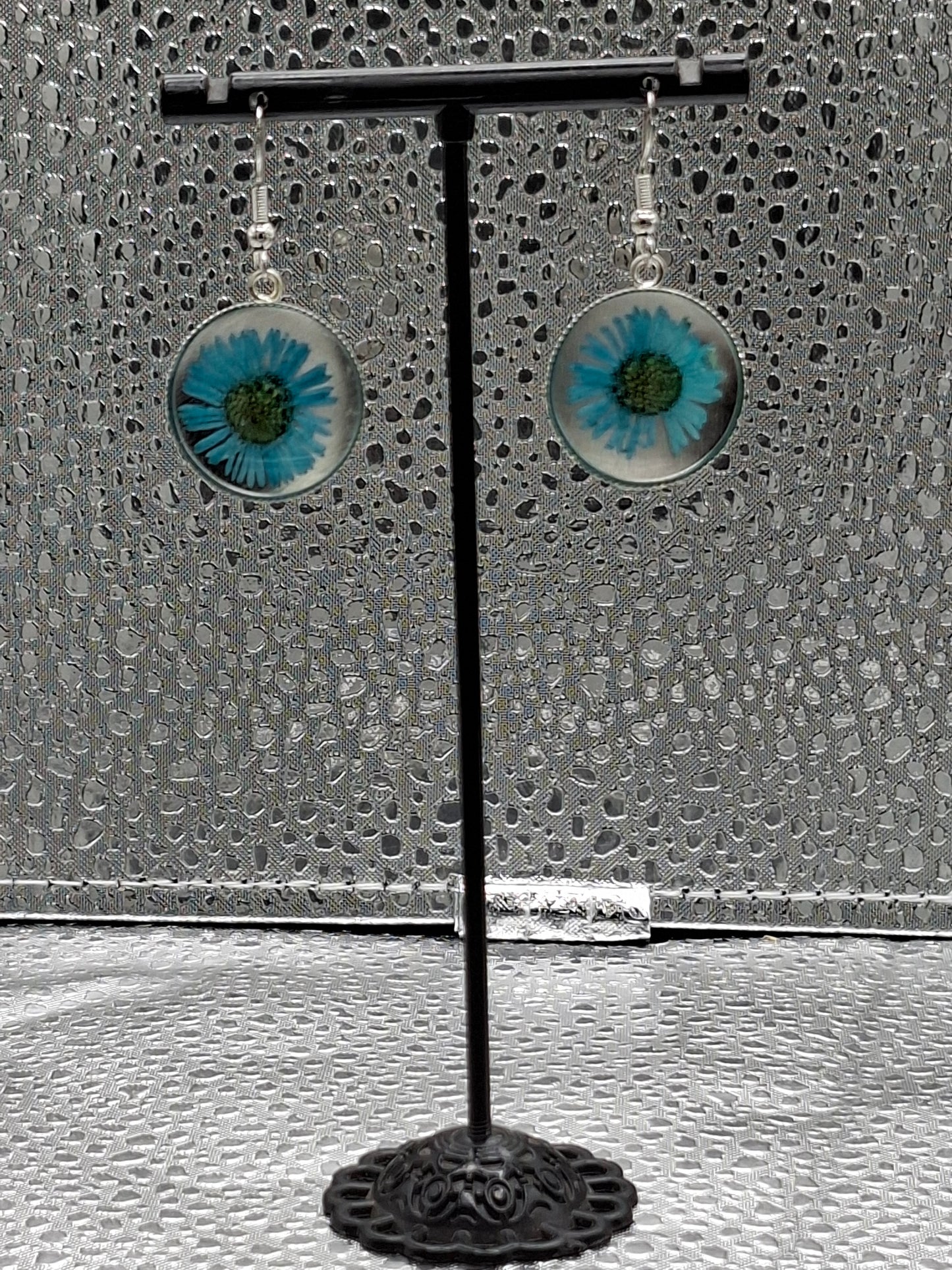 Real Flower Earrings Teal Colour